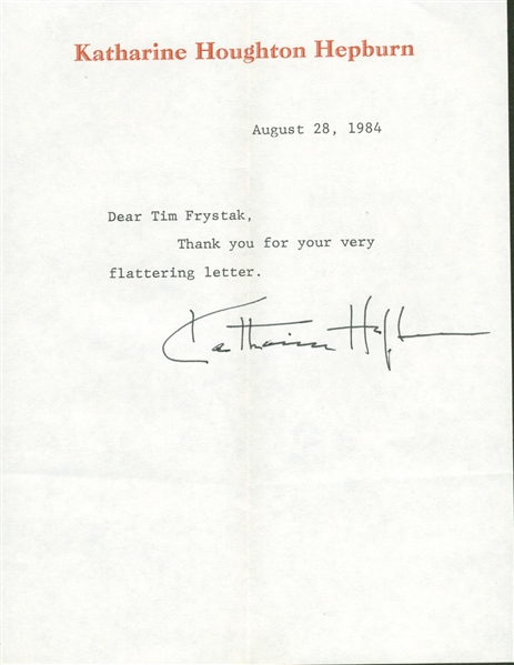 Katharine Hepburn Signed 6" x 8" Thank You Letter (Beckett/BAS Guaranteed)