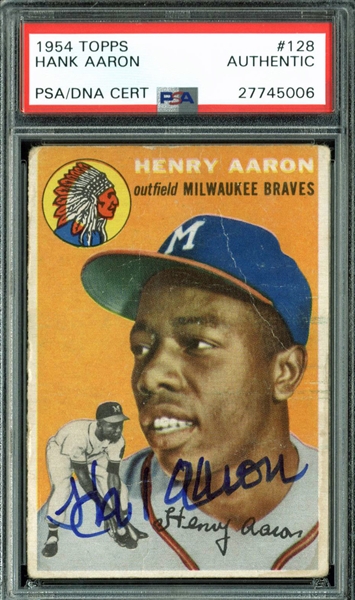Hank Aaron Signed 1954 Topps #128 Rookie Card (PSA/DNA Encapsulated)