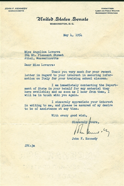 President John F. Kennedy Signed 1954 U.S. Senate Letter (Beckett/BAS)