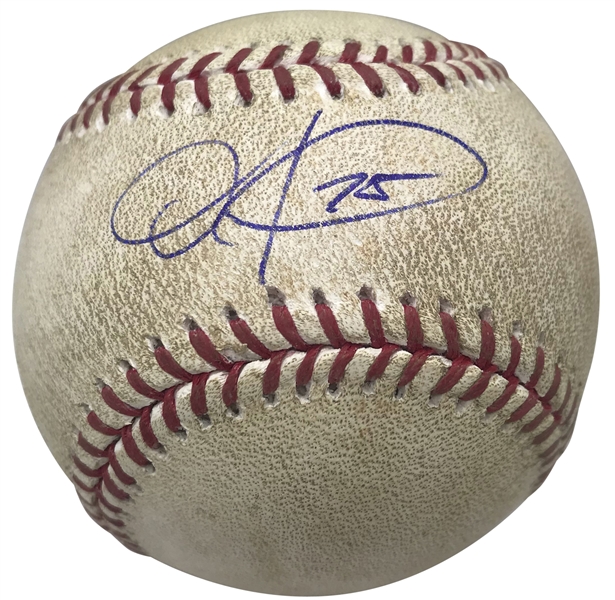 Dexter Fowler Signed, Game Used & Hit 2017 OML Baseball (MLB & PSA/DNA)