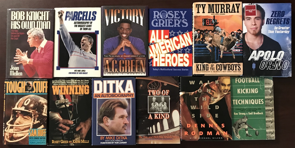 Lot of Twelve (12) Sports Stars Signed Books w/ Rodman, Ditka, Parcells & Others (Beckett/BAS Guaranteed)