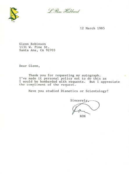 L Ron Hubbard Signed 1985 Typed Letter (Beckett/BAS Guaranteed)