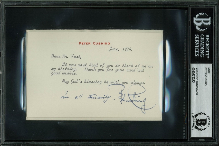Peter Cushing Typed & Hand Signed 1974 Note (BAS/Beckett Encapsulated)
