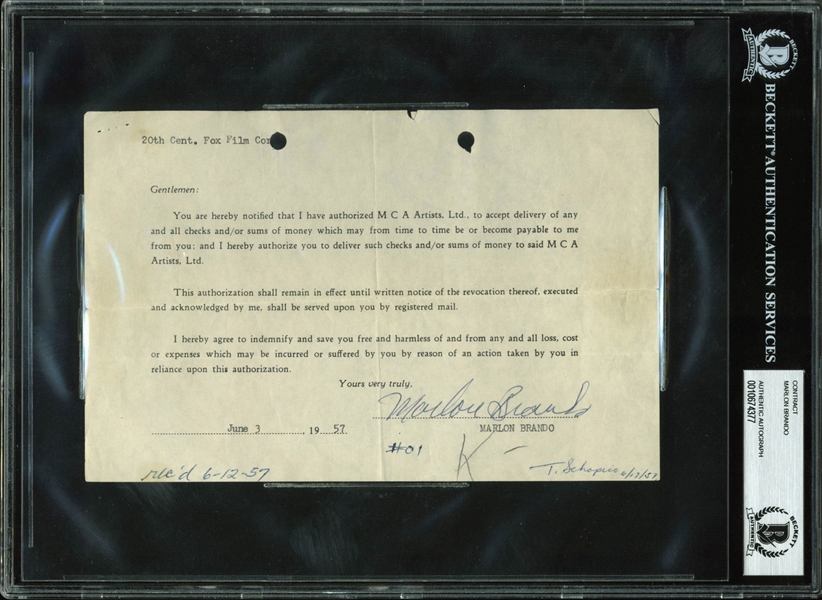 Marlon Brando Scarce Signed 20th Century Fox Consent Document (BAS/Beckett Encapsulated)