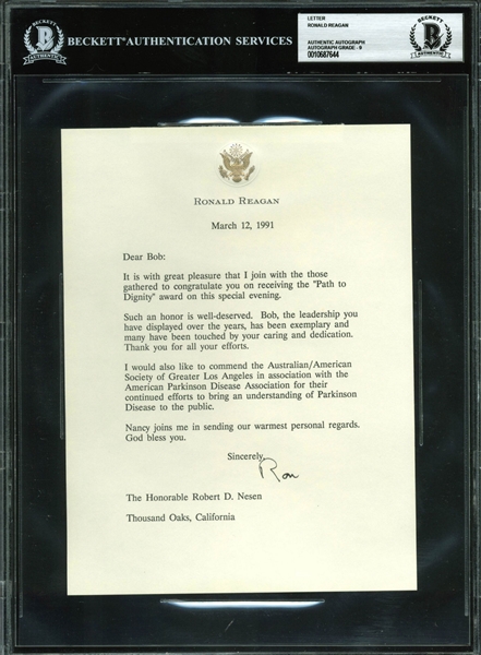 President Ronald Reagan Signed 7" x 9" Typed 1991 Letter on Personal Letterhead (BAS/Beckett Graded MINT 9)