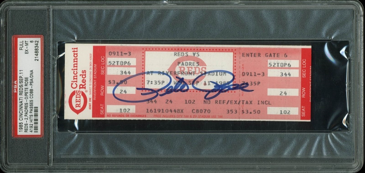 Pete Rose Signed Full Ticket for Record Breaking Hit Game (9/11/85)(PSA Graded EX-MT 6)