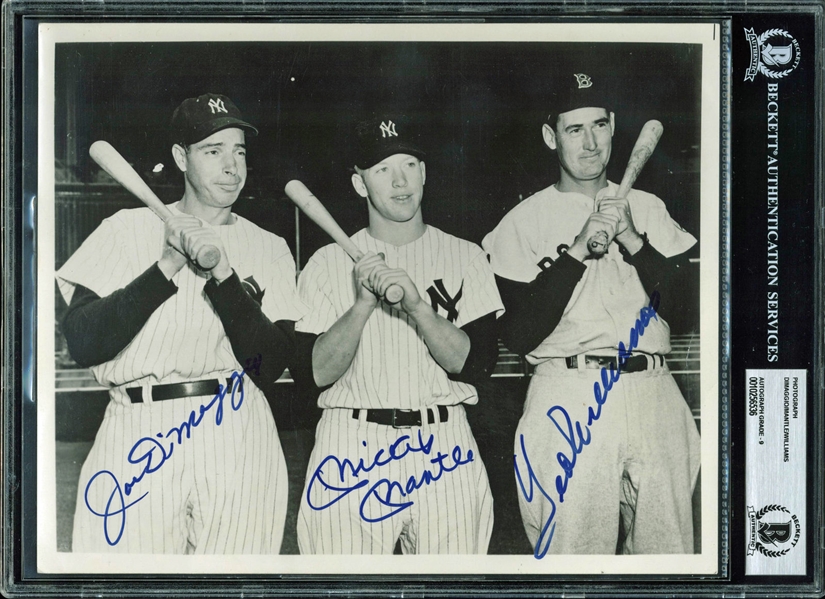 Mickey Mantle, Ted Williams & Joe DiMaggio Near-Mint Signed 8" x 10" B&W Photo (BAS/Beckett Graded MINT 9)