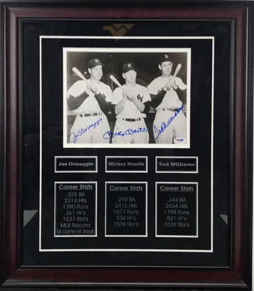 Mickey Mantle, Ted Williams & Joe DiMaggio Near-Mint Signed & Framed 8" x 10" B&W Photo w/ Engraved Stats (BAS/Beckett)