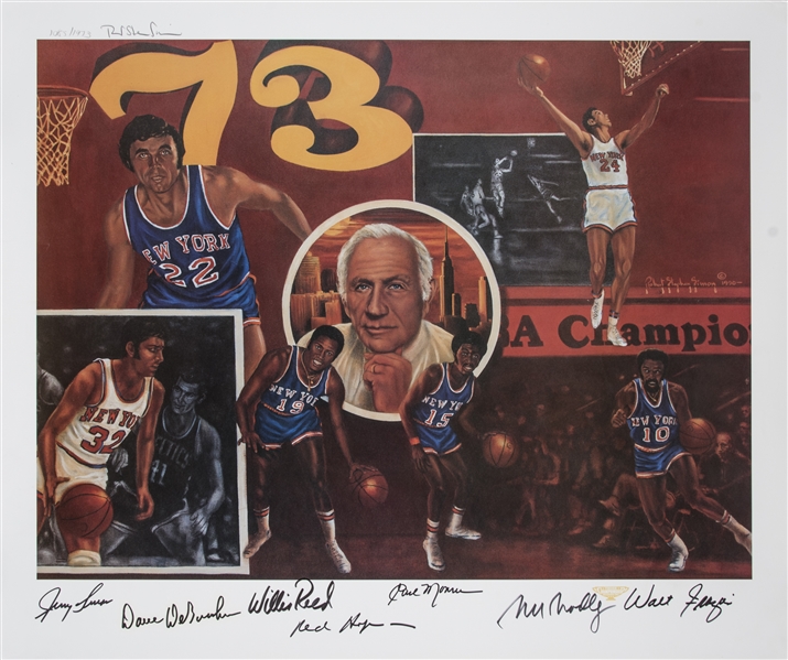 1973 NY Knicks Lot of Two (2) Signed 24" x 30" Lithographs w/ Reed, DeBusschere, Frazier & Others! (Beckett/BAS)