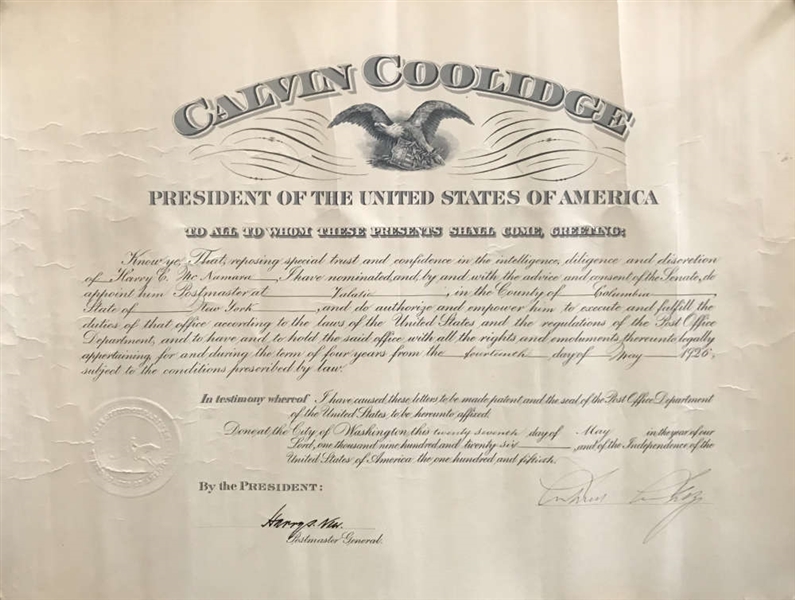 Calvin Coolidge Signed 1926 Presidential Appointment Document (Beckett/BAS)