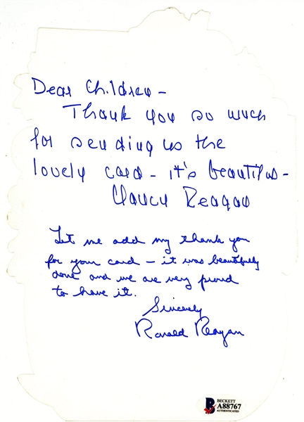 Ronald & Nancy Reagan Hand Written & Signed Thank You Card "To The Children" Beckett/BAS GEM MINT 10!