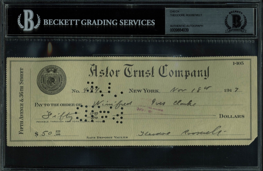 Theodore Roosevelt Handwritten & Signed 1917 Bank Check (BAS/Beckett Encapsulated)