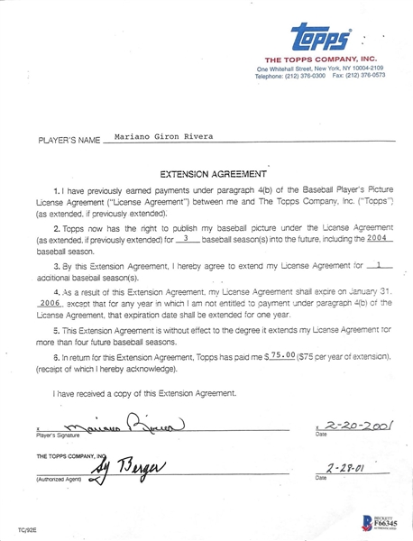 Mariano Rivera Signed 2001 Topps Contract Extension (Beckett/BAS)