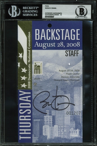 Barack Obama Rare Signed 2008 Democratic National Convention Pass (BAS/Beckett Graded GEM MINT 10)