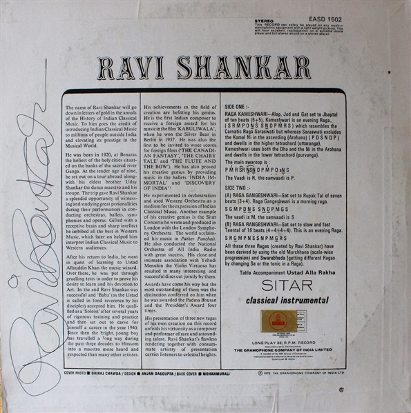 Ravi Shankar Signed Vintage "Sitar" EMI Record Album (Beckett/BAS Guaranteed)