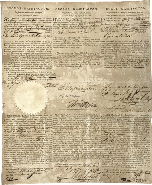 George Washington & Thomas Jefferson Bold & Impressive Dual Signed 13" x 15.5" 1794 Three Language Ships Pass Document (Beckett/BAS Guaranteed)