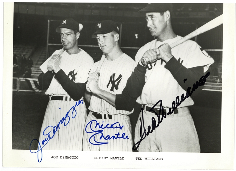 Mickey Mantle, Ted Williams & Joe DiMaggio Near-Mint Signed 8" x 10" Photograph (PSA/DNA)