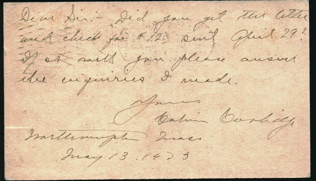 President Calvin Coolidge Rare Signed & Hand Written 1903 Letter (Beckett/BAS)