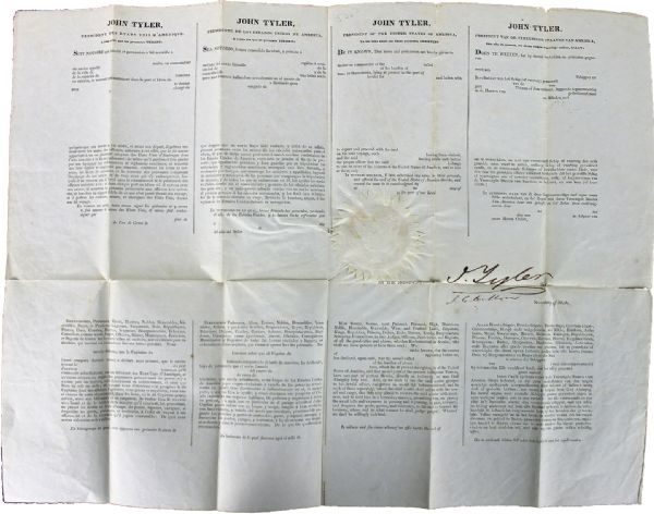 President John Tyler Rare Signed 4-Language Ships Papers (PSA/DNA)