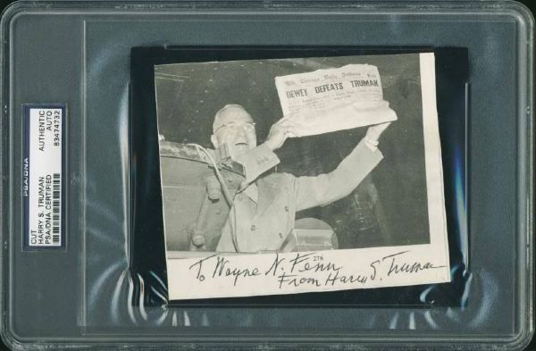 President Harry Truman Signed 4.25" x 5.25" Newspaper Photo feat. Historic "Dewey Defeats Truman" Image (PSA/DNA Encapsulated)