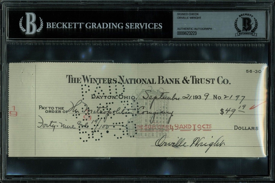 Orville Wright Superb Signed 1939 Bank Check (BAS/Beckett Encapsulated)