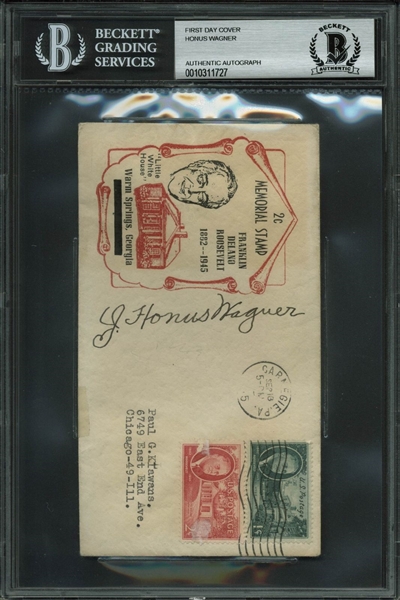 Honus Wagner Signed 1945 First Day Cover (BAS/Beckett Encapsulated)