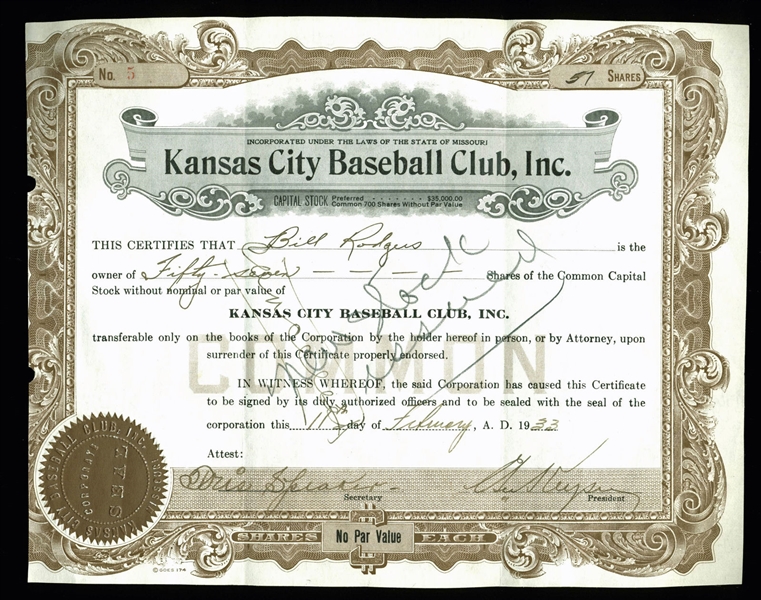 Tris Speaker Signed Kansas City Baseball Club Stock Certificate (BAS/Beckett)