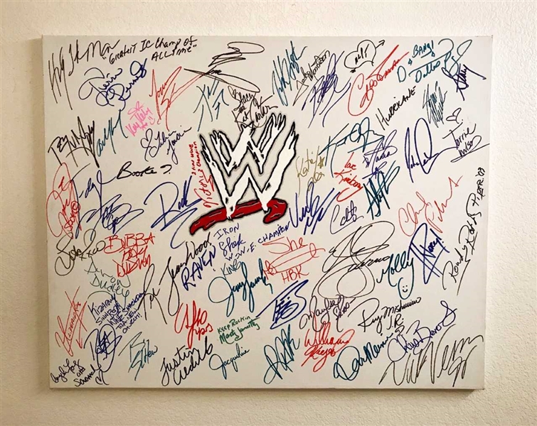 Incredible WWE Superstar Signed 24" x 30" Mounted Canvas w/ 60 Signatures incl. Hogan, Cena, The Rock, and More! (JSA Guaranteed)