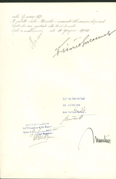 Benito Mussolini & Victor Emanuele Signed 1929 Document (JSA)