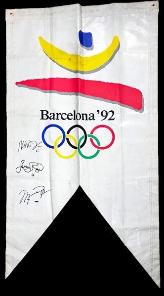 1992 Dream Team: Jordan, Magic & Bird Signed Banner Flag from the 1992 Summer Olympics! (UDA, Bird Holo & Beckett/BAS)