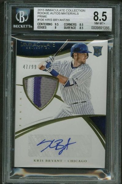 Kris Bryant Signed 2015 Panini Immaculate Collections RC Auto Patch Card - BGS 8.5 w/ GEM MINT 10 Auto!