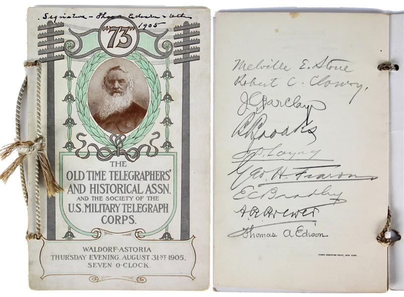 Thomas Edison Signed 1905 Old Time Telegraphers Association Program w/ 8 Other Signatures (Beckett/BAS)