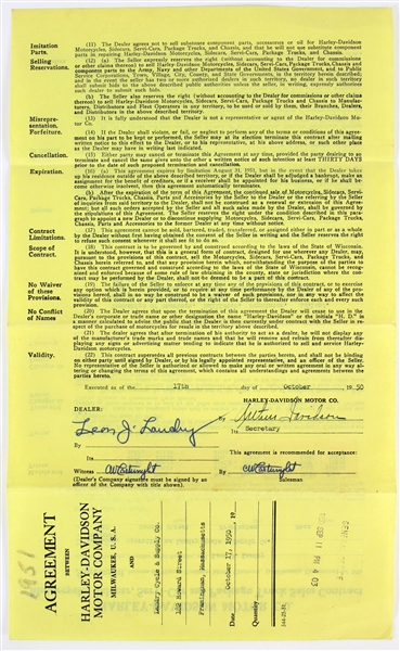 Harley-Davidson: Arthur Davidson Signed 1950 Motorcycle Contract! (Beckett/BAS)