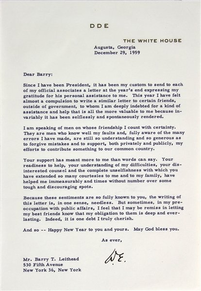 President Dwight D. Eisenhower Signed 1959 Letter on White House Letterhead to Best Friend - Heartwarming Content (Beckett/BAS)