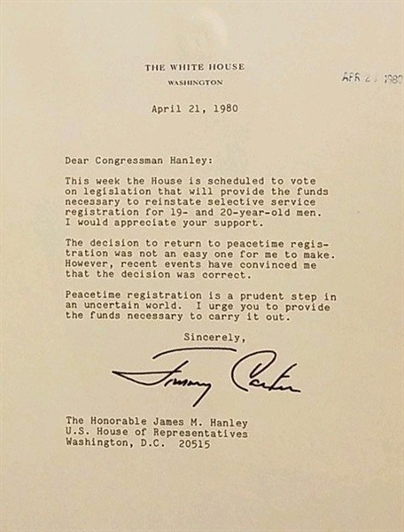 President Jimmy Carter Rare Signed 1980 White House Letter Regarding Controversial Peacetime Registration Draft Bill! (Beckett/BAS Guaranteed)
