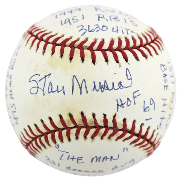 Stan Musial Signed ONL "Stat" Baseball w/ 20 Handwritten Inscriptions (RJ.com Holo & Beckett/BAS)