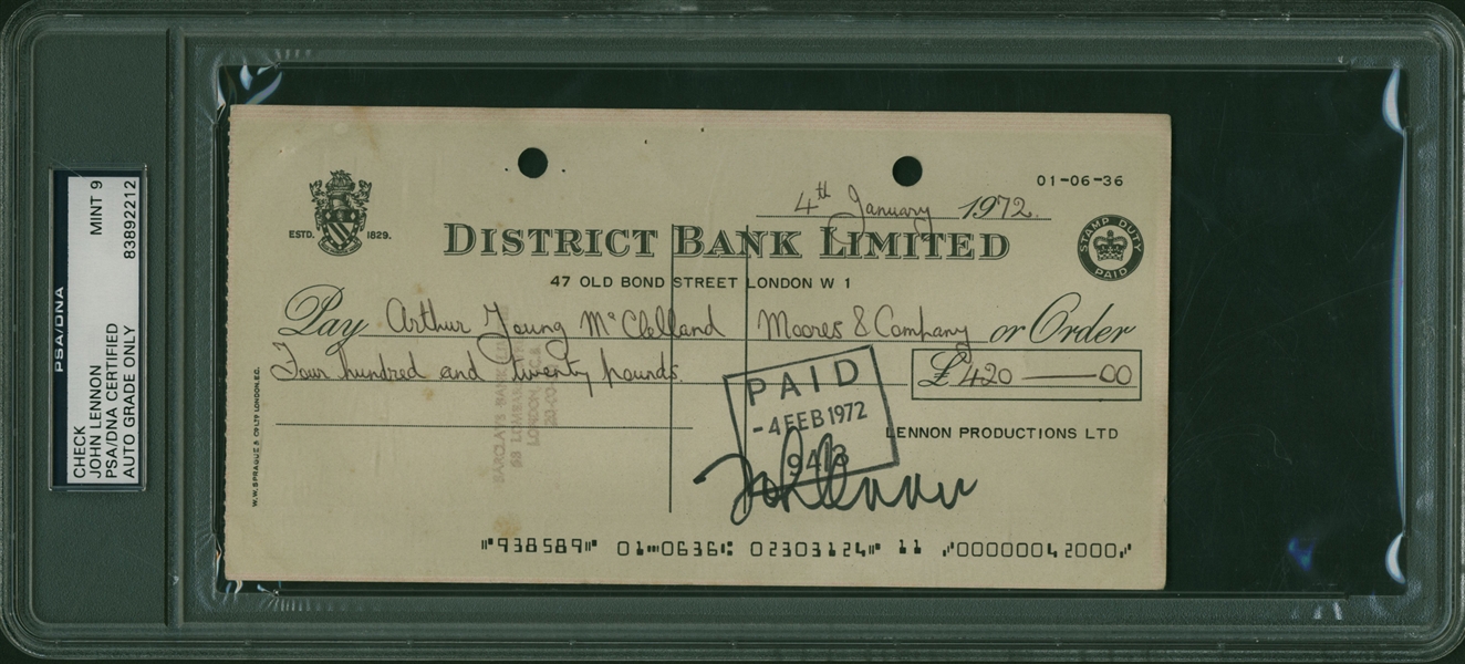 The Beatles: John Lennon Exceptional Signed Bank Check - PSA/DNA Graded MINT 9!
