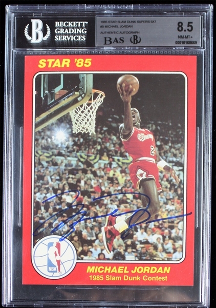 Michael Jordan Signed 1985 Star Slam Dunk Supers 5x7 Jumbo Card #5 (Beckett Graded NM-MT+ 8.5 & UDA)