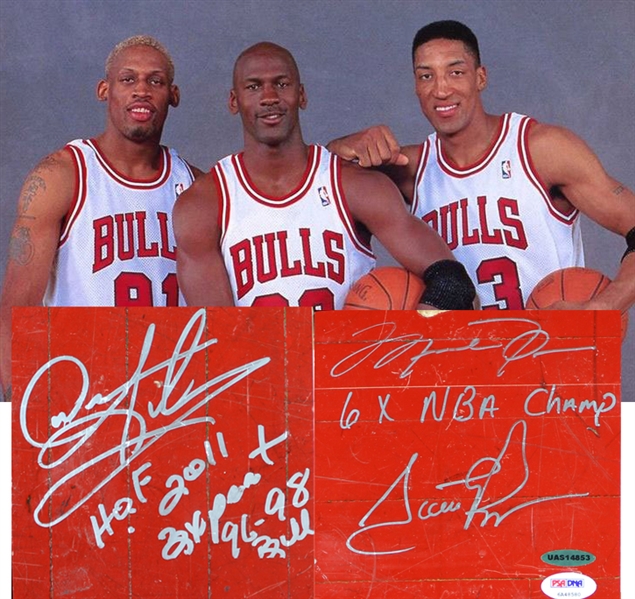 Jordan, Pippen & Rodman Signed Chicago Bulls Floor Segment Set (UDA, JSA & PSA/DNA)
