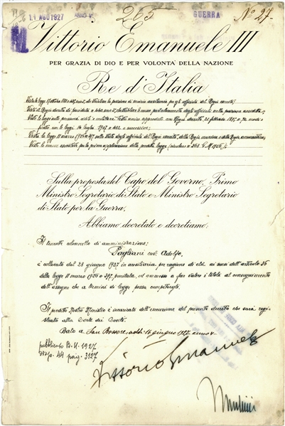 Benito Mussolini and Vittorio Emanuele III Dual Signed 1927 Document (Beckett/BAS)