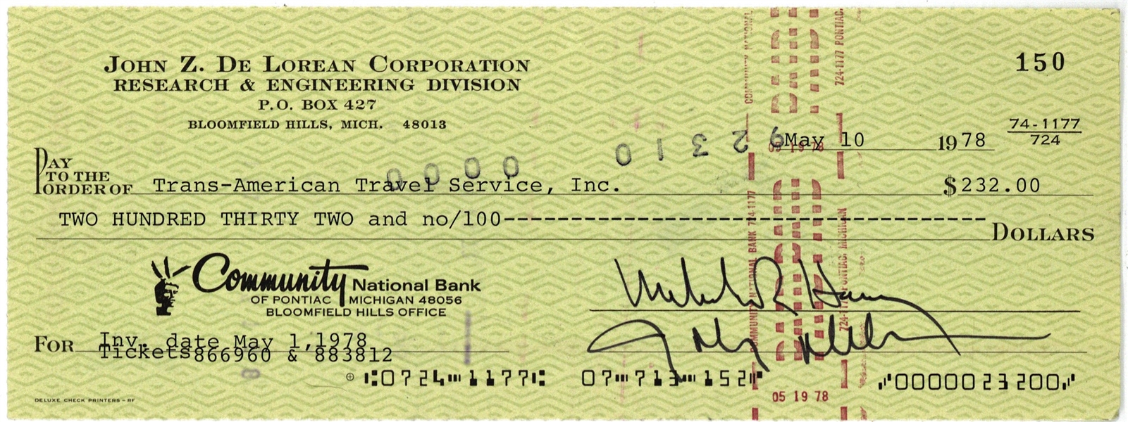 John DeLorean Signed 1978 Bank Check (Beckett/BAS)