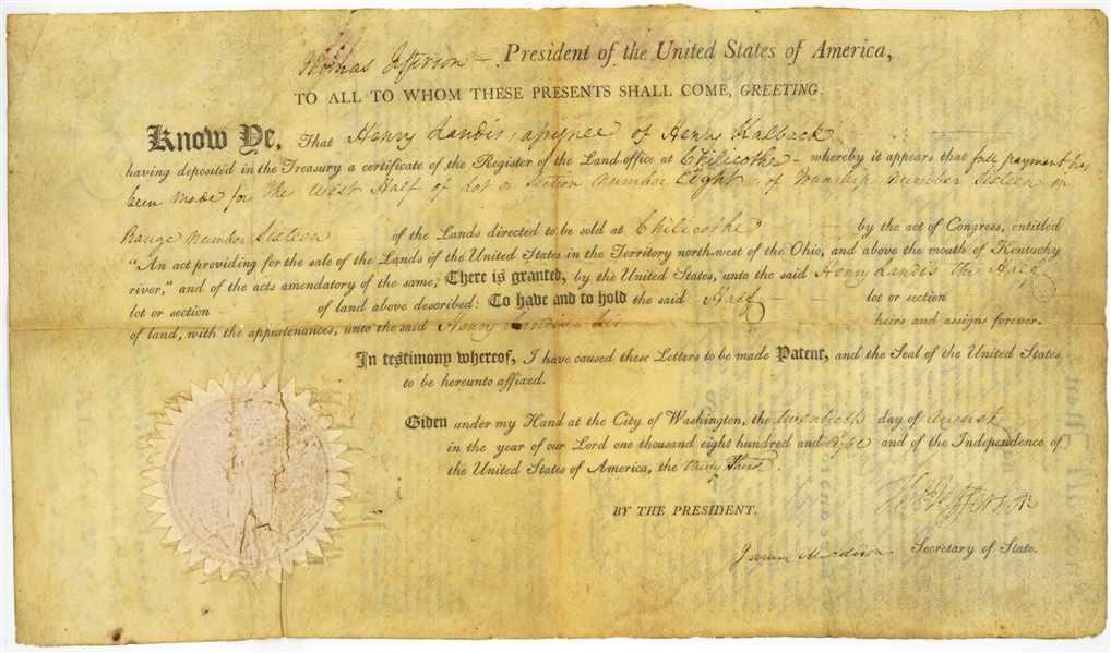 Thomas Jefferson & James Madison Dual Signed 1808 Document w/ Impressive Seal! (Beckett/BAS Guaranteed)