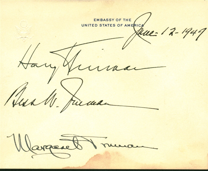 President Harry Truman Signed WWII Embassy Card w/ Original Award! (Beckett/BAS Guaranteed)