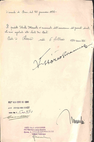 Benito Mussolini and Vittorio Emanuele III Dual Signed Abyssinia Crisis-Era 1936 Document (Beckett/BAS)