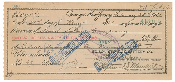 Thomas Edison Signed 1921 Edison Storage Battery Co. $6095 Check! (Beckett/BAS)