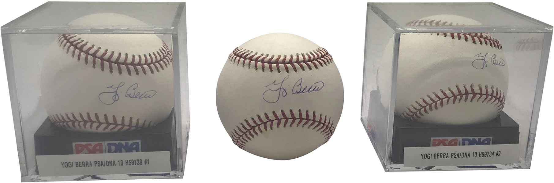 Yogi Berra Lot of Three (3) Signed OML Baseballs PSA/DNA Graded 9.5 & 10!