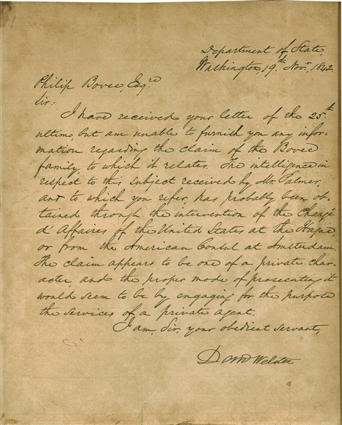 Daniel Webster Near-Mint Signed & Handwritten 1842 Letter (Beckett/BAS Guaranteed)