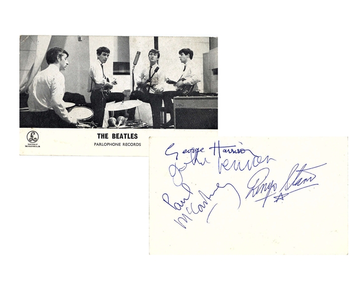 The Beatles Group Signed 3.5" x 6.5" Parlophone Records Promotional Photograph Card Signed At The Cavern Club Beckett/BAS MINT 9!