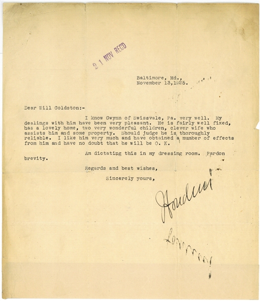Harry Houdini Rare Signed 1925 Typed Letter (Beckett/BAS)