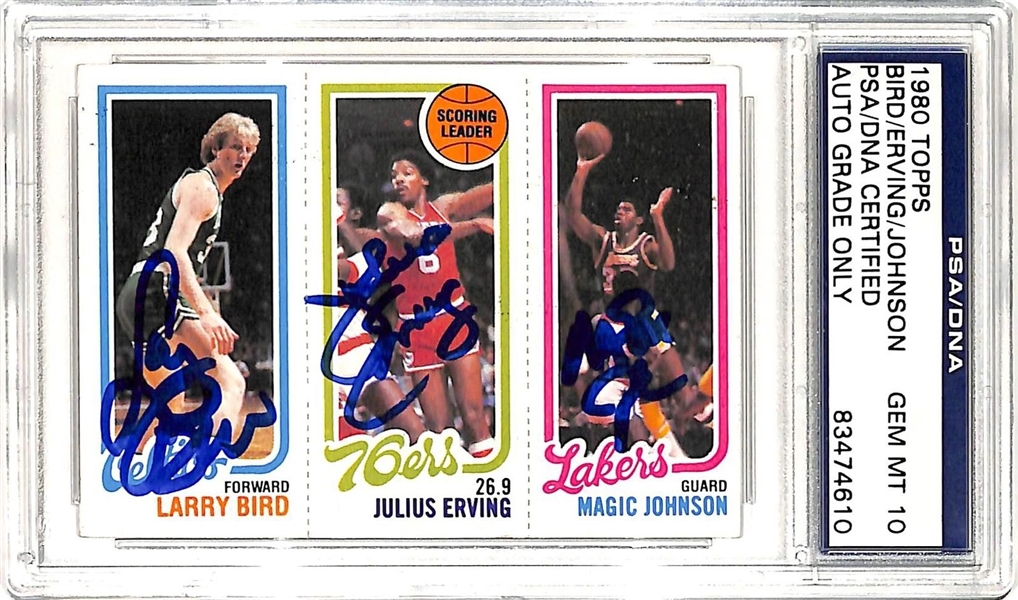 1980-81 Topps Magic Johnson, Larry Bird & Julius Erving Card - Signed by All 3 - Magic & Birds Rookie - PSA/DNA Graded GEM MINT 10!